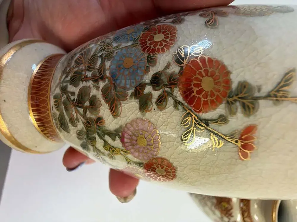 Vintage Japanese Satsuma Style Crackle Glaze Floral Bird‎ Vases Set of 2